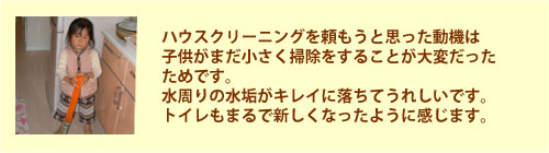 ハウスクリーニングを頼もうと思った動機は、子供がまだ小さく掃除をする事が大変だったためです。