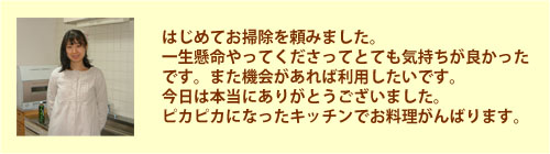 はじめてお掃除を頼みました。一生懸命やってくださってとても気持ちがよかったです。また機会があれば利用したいです。